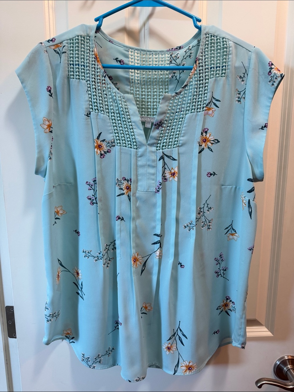 Daniel Rainn Aqua Floral Pintuck Crochet Yoke Blouse